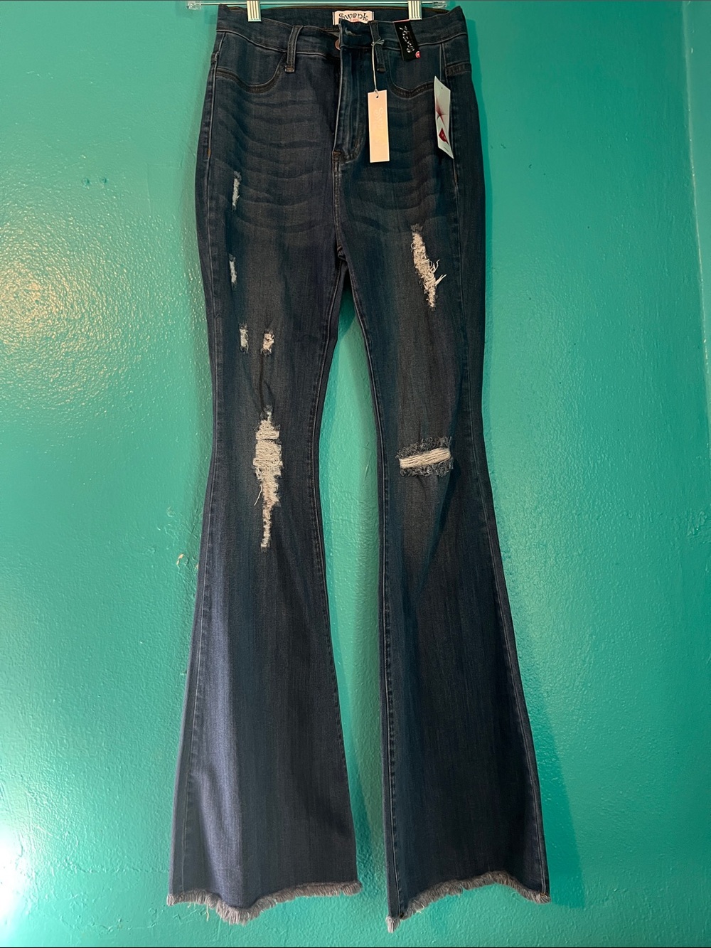 Swank A Posh High-Rise Distressed Flare Jeans - Dark Blue with Stretch Medium